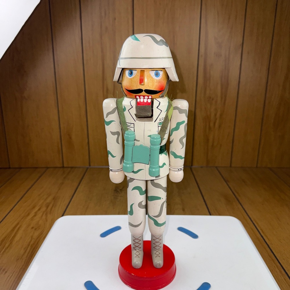 Vintage Wooden Army Soldier Nutcracker Desert Camo Military Decor 14.5 Inch